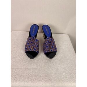 BG Boutique Women's Rhinestone Embellished Slide Heels Blue Brown Open Toe Mules